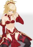  1girl bangs bare_shoulders black_legwear blonde_hair blue_eyes bra braid breasts commentary_request detached_collar detached_sleeves fate_(series) hand_up highres kikken midriff navel pelvic_curtain ponytail red_bra saber_of_red sitting skirt smile strapless strapless_bra thigh-highs thighs toned underwear 