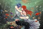  1boy 1girl belt blue_hair breasts brown_eyes bubble dress erza_scarlet eye_contact eyebrows_visible_through_hair fairy_tail fish from_side grey_dress groin highres hug jellal_fernandes large_breasts leonstar long_hair looking_at_another redhead spiky_hair strapless strapless_dress tattoo underwater 