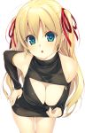  absurdres bare_shoulders black_dress blonde_hair blue_eyes breasts cleavage cleavage_cutout detached_sleeves downblouse dress eyebrows_visible_through_hair eyes_visible_through_hair hair_between_eyes hair_ribbon hand_on_hip highres kinoshita_ichi large_breasts leaning_forward long_hair looking_at_viewer original parted_lips ribbon short_dress simple_background sleeveless sleeveless_turtleneck turtleneck two_side_up white_background zipper 