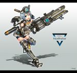  1girl :d artist_name bike_shorts blue_eyes blue_hair breasts copyright_name full_body gia grey_legwear gun hair_between_eyes headgear highres letterboxed looking_at_viewer mecha_musume medium_breasts northstar_(titanfall) open_mouth personification railgun short_hair signature smile solo standing standing_on_one_leg thigh-highs titanfall_2 trigger_discipline weapon 