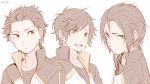  1boy :d alternate_hairstyle arms_at_sides artist_name bangs black_hair brown_eyes closed_mouth collarbone eyebrows_visible_through_hair frown hair_between_eyes harusabin jacket long_sleeves looking_at_viewer male_focus multiple_views natsuki_subaru open_mouth re:zero_kara_hajimeru_isekai_seikatsu side_glance simple_background smile track_jacket upper_body white_background 