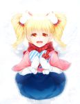  1girl angel angel_wings bangs blonde_hair blue_dress box capelet dress feathered_wings frilled_capelet gift gift_box hair_ornament highres looking_at_viewer medium_hair mittens open_mouth poet_(pop&#039;n_music) pom_pom_(clothes) pop&#039;n_music red_eyes simple_background siyusiyu13 solo standing tied_hair twintails white_background white_legwear white_mitterns white_wings wings 