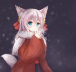  1girl animal_ears bell blue_eyes breath coat dog_ears dog_tail hair_ornament hand_to_own_mouth hands_together highres jingle_bell kashiwagi_yamine long_hair open_mouth original scarf shirt silver_hair skirt snow solo steam tail upper_body 