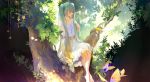  1girl achyue barefoot butterfly closed_eyes dress green_hair hatsune_miku highres in_tree long_hair sitting sitting_in_tree solo tree twintails vocaloid white_dress 