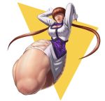  1girl boots breasts brown_hair cleavage cleavage_cutout cropped_jacket earrings hair_over_eyes jewelry knee_up leotard lipstick long_hair makeup miniskirt shermie shinonome_(game_hakkutsu_tai) skirt solo the_king_of_fighters twintails 