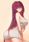  1girl arm ass bare_shoulders breasts brown_background erect_nipples fate/grand_order fate_(series) female large_breasts leaning leaning_forward looking_at_viewer looking_back naked_towel purple_hair red_eyes scathach_(fate/grand_order) solo thighs towel type-moon very_long_hair yostxxx 