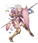  1girl armor armored_boots boots damaged elfie_(fire_emblem_if) fire_emblem fire_emblem_heroes fire_emblem_if full_body gloves green_eyes grey_hair hair_bun highres injury official_art polearm shield solo spear teeth torn_clothes transparent_background weapon 