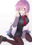  1girl adjusting_glasses bare_shoulders between_legs blush boots breasts fate/grand_order fate_(series) glasses hair_over_one_eye hand_between_legs haru_(hiyori-kohal) kneeling large_breasts necktie off_shoulder open_mouth pantyhose pleated_skirt purple_hair shielder_(fate/grand_order) short_hair simple_background skirt smile solo violet_eyes 