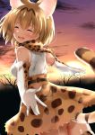  1girl absurdres animal_ears brown_hair cat_ears cat_tail closed_eyes commentary_request elbow_gloves gloves go-1 highres kemono_friends open_mouth outstretched_arms round_teeth serval_(kemono_friends) serval_ears serval_print serval_tail short_hair sky solo spread_arms star_(sky) starry_sky sunset tail teeth tree twilight 