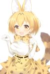  1girl :3 animal_ears bare_shoulders blush bow bowtie breasts cat_ears cat_tail clenched_hands cowboy_shot cross-laced_clothes elbow_gloves eyelashes fang gloves hair_between_eyes kemono_friends large_breasts looking_at_viewer maccha open_mouth orange_eyes orange_hair paw_pose ribbon-trimmed_clothes ribbon-trimmed_skirt ribbon_trim serval_(kemono_friends) serval_ears serval_tail shirt short_hair simple_background skirt sleeveless sleeveless_shirt smile solo tail white_background white_shirt 