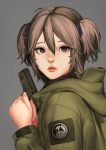  1girl 2016 absurdres ahoge artist_name bangs black_ribbon brown_hair dated facing_viewer from_side green_jacket grey_background grey_eyes gun hair_between_eyes hair_ribbon handgun hands highres holding holding_gun holding_weapon jacket lips long_sleeves looking_at_viewer nose original pavarit_songsomboon ribbon short_hair simple_background solo two_side_up upper_body weapon 