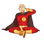  1boy anpanman anpanman_(character) anpanman_(character)_(cosplay) bald belt cape cosplay gloves indian_style looking_to_the_side male_focus namesake oimo_(14sainobba) one-punch_man saitama_(one-punch_man) simple_background sitting solo white_background yellow_gloves 