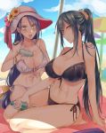  2girls abs beach beach_umbrella bikini black_bikini black_hair blush bottle breasts cleavage flower genderswap genderswap_(mtf) hat jirou_tachi large_breasts long_hair looking_at_viewer lotion low-tied_long_hair moegi_(honey_122) multiple_girls navel open_mouth ponytail seiza side-tie_bikini sitting smile sun_hat sunflower sunscreen swimsuit tarou_tachi toned touken_ranbu umbrella very_long_hair water_bottle white_bikini yellow_eyes 