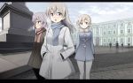  3girls bangs black_coat blonde_hair blue_coat blue_eyes blue_scarf brave_witches city closed_mouth coat eila_ilmatar_juutilainen glastonbury1966 hands_in_pockets light_smile long_hair looking_at_viewer multiple_girls nikka_edvardine_katajainen outdoors parted_lips pink_scarf sanya_v_litvyak scarf short_hair silver_hair standing strike_witches white_coat world_witches_series 