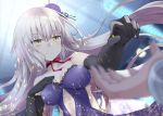  1girl bangs bare_shoulders black_gloves breasts cleavage closed_mouth dress elbow_gloves fate/grand_order fate_(series) gloves hair_ornament jeanne_alter long_hair medium_breasts neck_ribbon purple_dress red_ribbon ribbon ruler_(fate/apocrypha) shirosuzu silver_hair smile solo very_long_hair yellow_eyes 