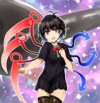  1860_(ichi) 1girl asymmetrical_wings black_dress black_hair black_legwear dress houjuu_nue looking_at_viewer open_mouth red_eyes short_dress short_hair short_sleeves solo sparkle thigh-highs touhou ufo wings 