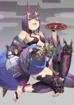  1girl alcohol bare_shoulders barefoot cup fate/grand_order fate_(series) fu-ta gourd horns japanese_clothes kimono looking_at_viewer oni purple_hair sakazuki sake shuten_douji_(fate/grand_order) smile solo tongue tongue_out violet_eyes 