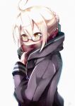  1girl ahoge artist_name bangs black-framed_eyewear blonde_hair braid coat covered_mouth dated eyebrows_visible_through_hair fate/grand_order fate_(series) film_grain from_side glasses hair_between_eyes hair_bun hand_up heroine_x heroine_x_(alter) highres nakatokung saber semi-rimless_glasses sidelocks signature simple_background solo under-rim_glasses upper_body white_background yellow_eyes 