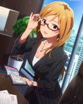  1girl artist_request blonde_hair collarbone formal glasses idolmaster idolmaster_million_live! jewelry lipstick long_hair looking_at_viewer makeup momose_rio necklace office_lady pinstripe_pattern plant red_eyes skirt_suit smile suit watch watch window 