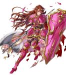  1girl armor armored_boots axe boots brown_hair fire_emblem fire_emblem:_mystery_of_the_emblem fire_emblem:_shin_monshou_no_nazo fire_emblem_heroes full_body highres long_hair mayo_(becky2006) official_art one_eye_closed pants red_eyes sheema shield solo teeth torn_clothes torn_pants transparent_background very_long_hair weapon 
