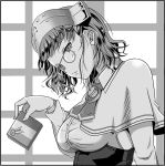  1girl arm_at_side box breasts capelet commentary_request corset gift gift_box glasses greyscale head_tilt headdress holding holding_gift italian_flag kantai_collection large_breasts looking_at_viewer monochrome neckerchief pince-nez ribbon roma_(kantai_collection) shino_(ponjiyuusu) shirt solo wavy_hair wax_seal 