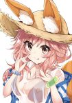  1girl animal_ears bad_id bad_pixiv_id bikini_top blush bracelet breasts cleavage collarbone commentary_request fate/grand_order fate_(series) fox_ears harumari hat highres jewelry long_hair looking_at_viewer pink_hair see-through smile solo straw_hat tamamo_(fate)_(all) tamamo_no_mae_(swimsuit_lancer)_(fate) tongue tongue_out upper_body yellow_eyes 