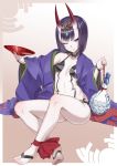  1girl ;) ass black_eyes black_hair commentary_request cup fate_(series) flat_chest gourd headpiece highres holding looking_at_viewer navel one_eye_closed oni_horns sakazuki saruchitan short_hair shuten_douji_(fate/grand_order) sitting smile solo 