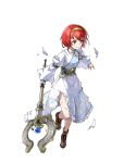  1girl boots dress fire_emblem fire_emblem:_mystery_of_the_emblem fire_emblem_heroes full_body highres injury jewelry kaya8 maria_(fire_emblem) necklace official_art red_eyes redhead solo staff tiara torn_clothes torn_dress transparent_background white_dress 