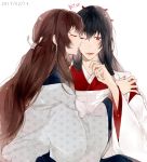  black_hair brown_hair couple hetero japanese_clothes kayo_(ken_ga_kimi) ken_ga_kimi kimono kiss red_eyeliner red_eyes red_eyeshadow sagihara_sakyou same_height smile tkhs_(artist) 