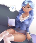  1girl ? blue_hair blue_jacket blue_nails breasts cleavage commentary_request couch dark_skin garter_straps highres jacket large_breasts long_hair looking_at_viewer miniskirt nail_polish neit_ni_sei open_mouth original panties pantyshot pantyshot_(sitting) shiny shiny_skin sitting skirt solo spoken_question_mark sweat sweat_stain thigh-highs translated translucent underwear violet_eyes white_legwear 