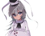  1girl asuzemu blue_eyes commentary_request grey_hair hands_in_sleeves hat japanese_clothes kariginu long_hair long_sleeves mononobe_no_futo ponytail ribbon-trimmed_sleeves ribbon_trim smile solo tate_eboshi touhou white_background wide_sleeves 