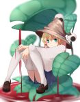  1girl absurdres blonde_hair blood blue_eyes blue_skirt brown_shoes full_body hair_ribbon hat highres leaf long_sleeves looking_at_viewer moriya_suwako red_ribbon ribbon shoes sidelocks simple_background sitting skirt solo thigh-highs touhou tress_ribbon white_background white_legwear wide_sleeves yusake_san 