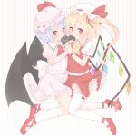  2girls ascot bat_wings blonde_hair blue_eyes blush brooch buttons chocolate chocolate_heart flandre_scarlet frilled_skirt frills full_body hair_ribbon happy_valentine hat hat_ribbon heart highres jewelry kneehighs kneeling looking_at_viewer miniskirt mob_cap multiple_girls pink_skirt pointy_ears puffy_short_sleeves puffy_sleeves red_eyes red_ribbon red_shoes red_skirt remilia_scarlet ribbon sakurea shoes short_sleeves siblings side_ponytail sisters skirt skirt_set smile touhou valentine vest white_legwear wings wrist_cuffs 