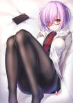  1girl ame_wa_a_ga_tsutano? black_legwear breasts fate/grand_order fate_(series) fine_fabric_emphasis glasses hair_over_one_eye highres legs looking_at_viewer lying pantyhose pink_eyes pink_hair red-framed_eyewear shielder_(fate/grand_order) short_hair thighband_pantyhose thighs 