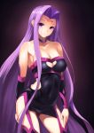  1girl bangs bare_shoulders boots contrapposto cowboy_shot elbow_gloves facial_mark fate/stay_night fate_(series) forehead_mark gloves hair_over_shoulder hazamanokaien long_hair looking_at_viewer parted_bangs parted_lips purple_hair rider sidelocks sleeveless strapless thigh-highs thigh_boots thighs very_long_hair violet_eyes 