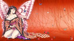  1girl bare_shoulders braid breasts bug butterfly butterfly_wings cleavage happoubi_jin highres japanese_clothes kimono long_hair multicolored_hair original panties purple_panties red_string string thread underwear wallpaper wings 