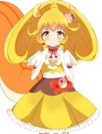  1girl animal_ears blonde_hair blush choker cosplay cure_custard cure_custard_(cosplay) cure_peace elbow_gloves embarrassed food_themed_hair_ornament gloves hair_ornament haru_(nature_life) kirakira_precure_a_la_mode kise_yayoi looking_at_viewer magical_girl ponytail precure short_hair simple_background smile_precure! solo squirrel_ears squirrel_tail tail white_background white_gloves yellow_eyes 