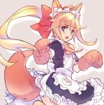  1other androgynous blonde_hair blue_eyes blush cosplay dress fate/grand_order fate_(series) le_chevalier_d&#039;eon_(fate/grand_order) long_hair looking_at_viewer maid open_mouth paws simple_background smile solo tamamo_(fate)_(all) tamamo_cat_(fate) tamamo_cat_(fate)_(cosplay) wanko_(takohati8) 