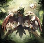  beak bird dartrix decidueye flying forest head_tilt hood leaf nature no_humans owl pokemon pokemon_(creature) pokemon_(game) pokemon_sm red_eyes rowlet sunlight syn_(kuponutt) talons tree tree_branch wings 