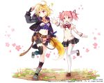  2girls ? asymmetrical_legwear belt black_legwear blonde_hair blush bow crossover fingerless_gloves flower flying_sweatdrops fox_tail full_body gloves holster kai-ri-sei_million_arthur kaname_madoka mahou_shoujo_madoka_magica midriff multiple_girls navel nyanya official_art outstretched_arm pink_eyes pink_hair pleated_skirt pouch red_eyes short_twintails skirt soul_gem standing standing_on_one_leg tail thigh-highs touzoku_arthur twintails utility_belt white_legwear 