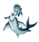  1girl absurdres artist_request bare_shoulders black_gloves black_sclera breasts collar elbow_gloves fins full_body gills gloves green_hair grin head_fins highres holding long_hair looking_at_viewer mermaid mershark_(monster_girl_encyclopedia) monster_girl monster_girl_encyclopedia navel shark shark_girl sharp_teeth simple_background smile solo spiky_hair teeth webbed_hands white_background yellow_eyes 