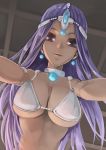  1girl armor bikini_armor breasts cleavage dancer&#039;s_costume_(dq) dark_skin dragon_quest dragon_quest_iv jewelry long_hair manya mokkosu. purple_hair solo 