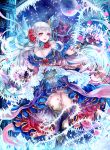  1girl bare_shoulders black_gloves blue_dress blue_legwear breasts chains cleavage dress flower full_body gem gloves hair_flower hair_ornament haruci highres ice last_chronicle long_hair moon night night_sky open_mouth outstretched_hand sky snow solo standing thigh-highs violet_eyes white_hair 