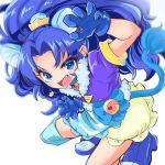  1girl :d animal_ears bangs blue_choker blue_eyes blue_gloves blue_hair blue_legwear blue_shirt blue_shoes blue_skirt cat_ears cat_tail cure_gelato extra_ears fang frilled_skirt frills gloves kirakira_precure_a_la_mode layered_skirt lion_ears lion_tail long_hair looking_at_viewer magical_girl open_mouth parted_bangs paw_pose precure shirt shoes single_thighhigh skirt smile solo squatting tail tategami_aoi thigh-highs wagashi_(yokotejn) white_background white_skirt 