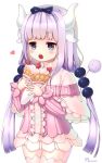  1girl bangs beads black_hairband blue_eyes blunt_bangs blush capelet crepe dragon_girl dragon_horns dragon_tail dress food hair_beads hair_ornament hairband highres holding holding_food horns kanna_kamui kobayashi-san_chi_no_maidragon lavender_hair long_hair mellozzo monster_girl open_mouth short_dress solo standing tail thick_thighs thigh-highs thighs tied_hair twintails white_legwear wide_hips zettai_ryouiki 