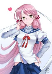  1girl absurdres akashi_(kantai_collection) bandanna blue_skirt blush breasts glasses green_eyes hair_ribbon hand_on_hip heart highres hip_vent kantai_collection long_hair long_sleeves pink_hair pleated_skirt ribbon rj_xiii school_uniform serafuku skirt smile solo tress_ribbon twintails 