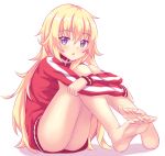  1girl ass barefoot blonde_hair eyebrows_visible_through_hair fast-runner-2024 full_body gabriel_dropout hair_between_eyes head_tilt highres jacket long_hair long_sleeves looking_at_viewer open_mouth red_jacket simple_background sitting sketch solo striped_jacket tenma_gabriel_white track_jacket very_long_hair violet_eyes white_background 