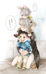  3boys :t animal_ears bear_ears black_hair blue_eyes brown_eyes bunny_tail carrying child coat dual_persona hair_over_one_eye katsuki_yuuri male_focus multiple_boys nemui_(sleep_goodbye) rabbit_ears scarf shoulder_carry silver_hair squatting tail time_paradox translation_request viktor_nikiforov younger yuri!!!_on_ice 