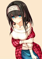  1girl black_hair blue_eyes blush breasts cleavage collarbone commentary_request hair_between_eyes hairband highres idolmaster idolmaster_cinderella_girls jewelry large_breasts long_hair looking_at_viewer off-shoulder_sweater pendant plaid plaid_scarf red_scarf ribbed_sweater sagisawa_fumika scarf shawl solo sweater yuushi_(renkun) 