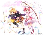  2girls arrow asymmetrical_legwear belt black_legwear blonde_hair blush bow bow_(weapon) coin dagger fingerless_gloves fox_tail frilled_skirt frills full_body gloves hair_bow holster kai-ri-sei_million_arthur kaname_madoka looking_at_viewer magical_girl mahou_shoujo_madoka_magica midriff multiple_girls navel nyanya official_art pink_eyes pink_hair red_eyes short_hair short_twintails skirt smile sparkle tail touzoku_arthur twintails weapon white_gloves white_legwear 